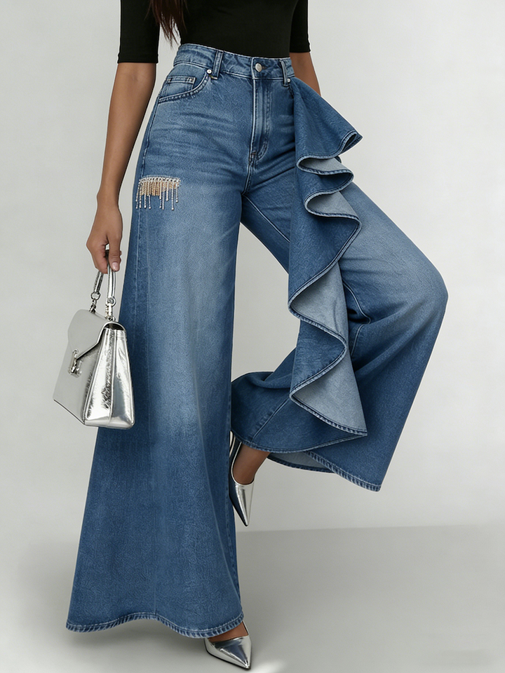 Women's Jeans Denim Wide-Leg Ruffle Asymmetric Flare Style