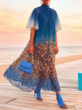 Women's Short Sleeve Mock Neck Loose-Fit Leopard Print Chiffon Maxi Dress