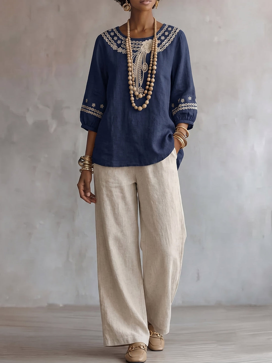 Women's Linen Two Piece Set Long Sleeve Top and Wide Leg Pants