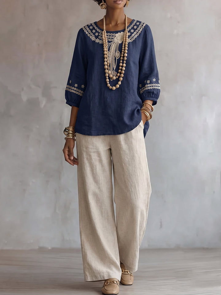 Women's Linen Two Piece Set Long Sleeve Top and Wide Leg Pants