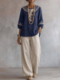 Women's Linen Two Piece Set Long Sleeve Top and Wide Leg Pants