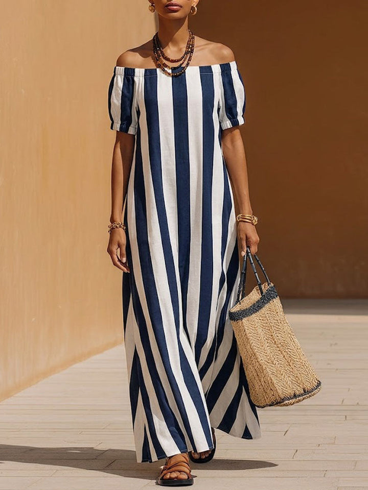 Women's Striped Off-Shoulder Linen Maxi Dress