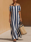 Women's Striped Off-Shoulder Linen Maxi Dress