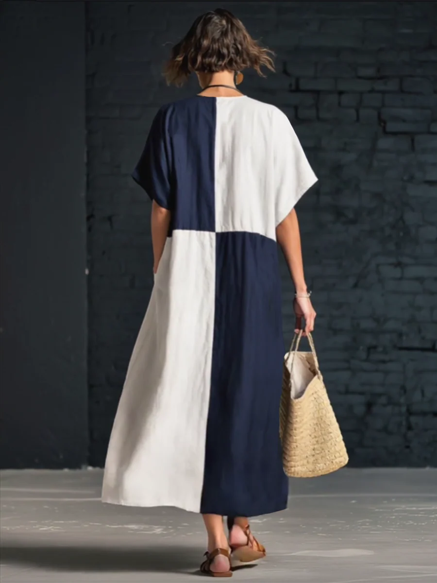 Women's V-Neck Color-Block Loose Fit Linen Maxi Dress