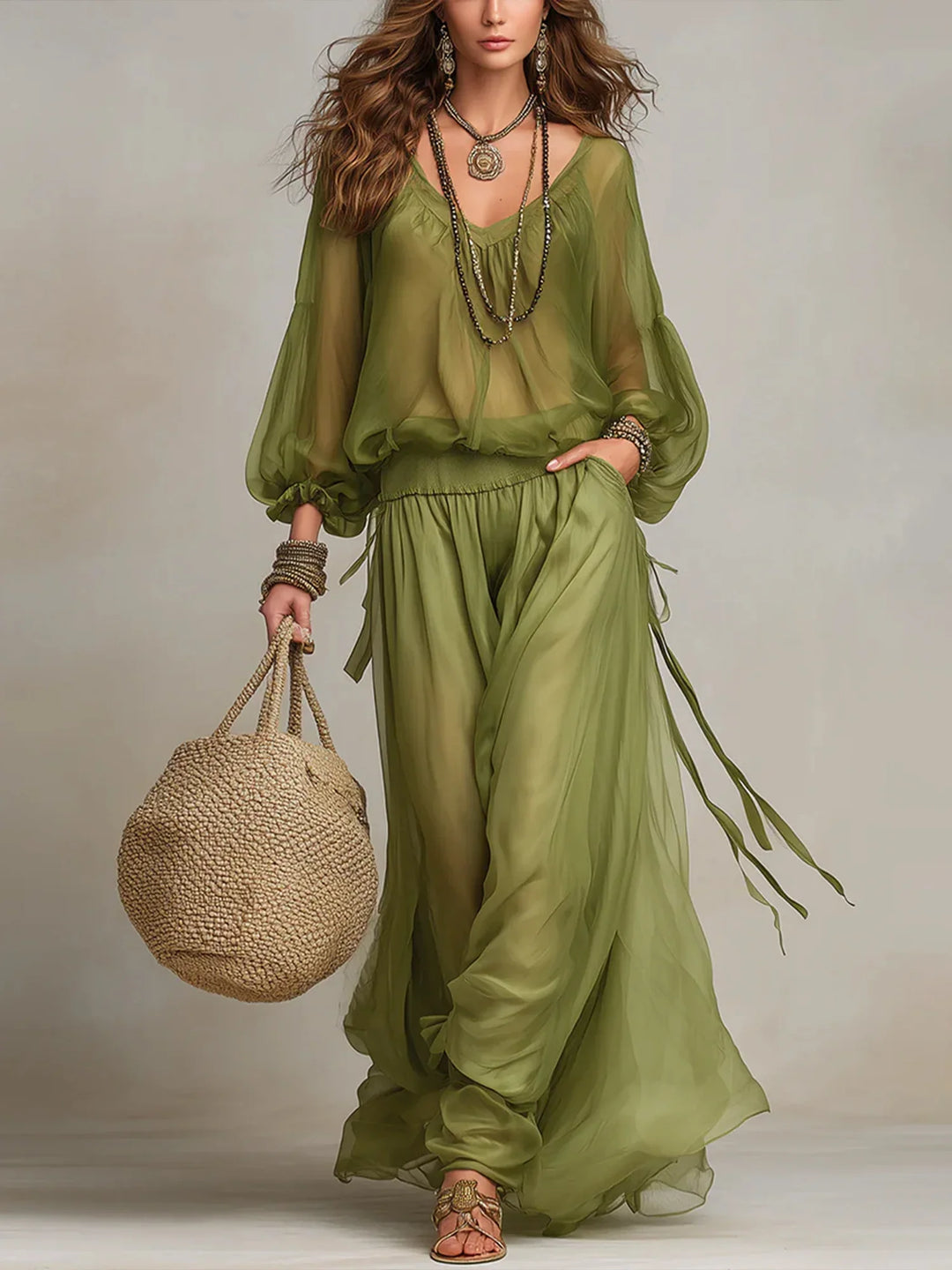 Women's Silk Chiffon Wide Leg Two Piece Set