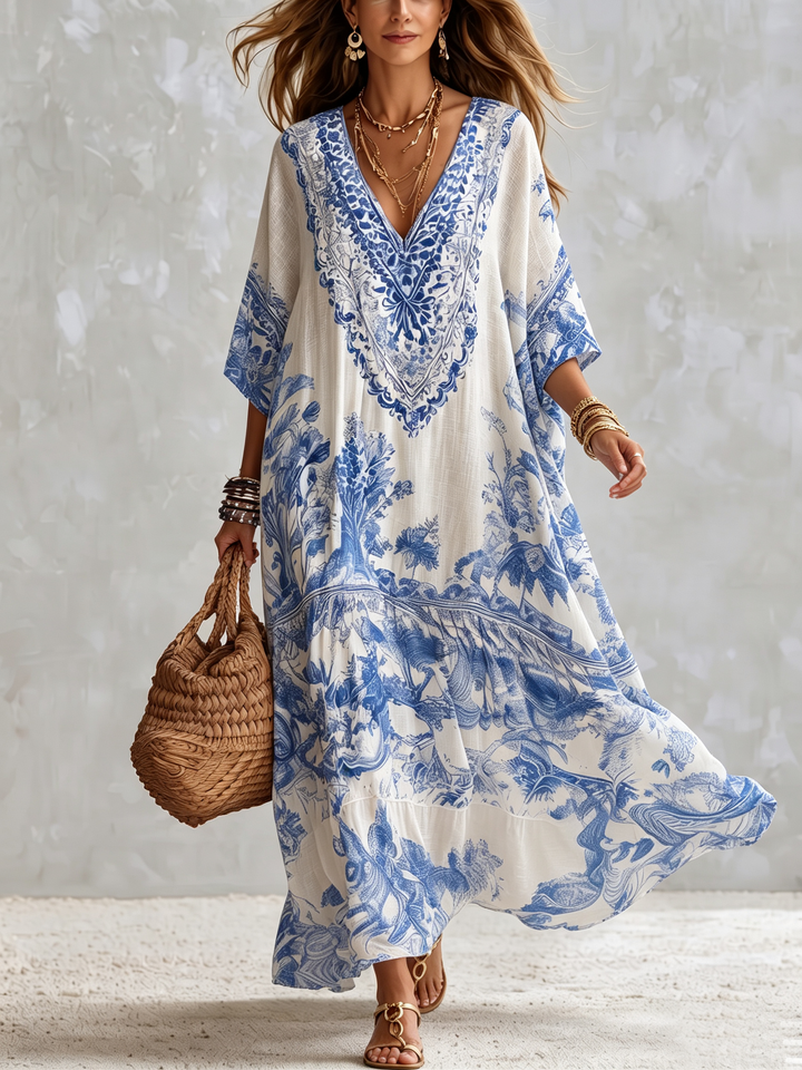 Women's Printed Linen Boho Long Kaftan Maxi Dress