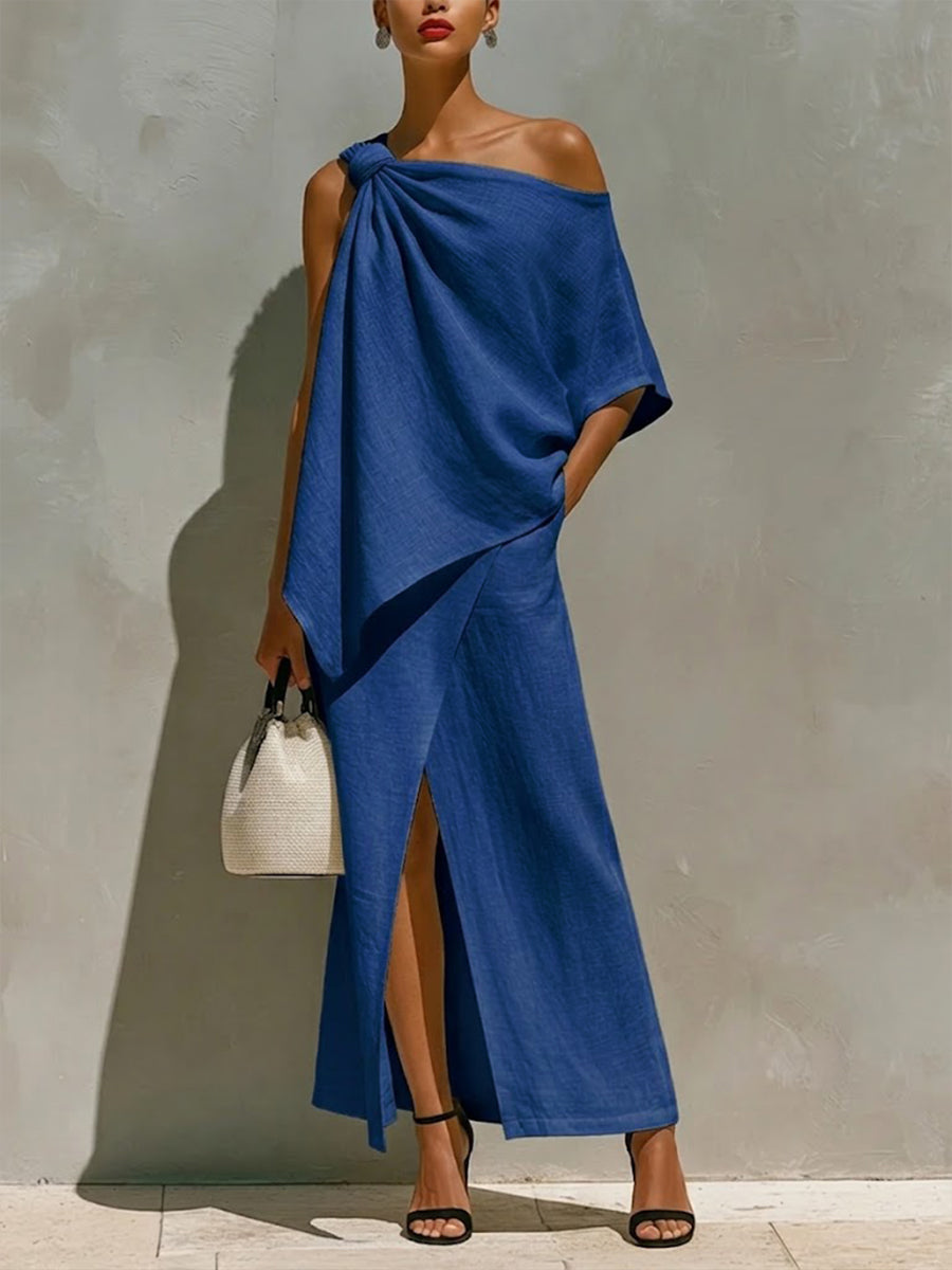 Women's Linen One Shoulder Top and Maxi Skirt Set Two Piece Outfits
