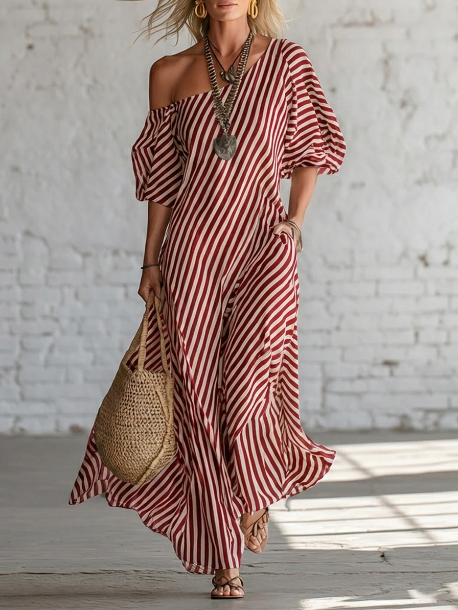Women's Linen Off the Shoulder Maxi Dress Striped Oversized Sun Dress
