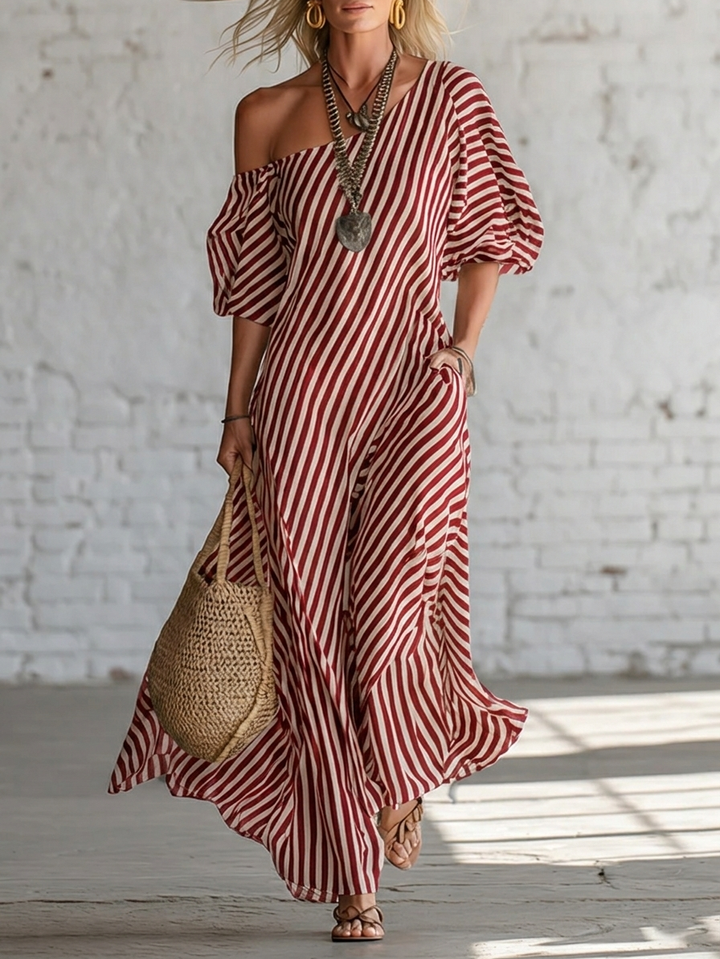 Women's Linen Off the Shoulder Maxi Dress Striped Oversized Sun Dress