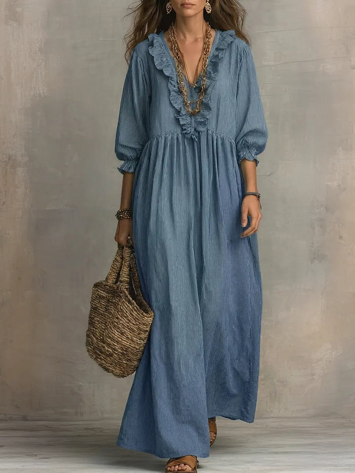 Linen Maxi Dress Women V Neck Boho Long Sleeve Kaftan Gown