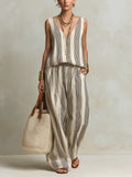 Women's Striped Linen V-Neck Sleeveless Top and Wide Leg Trousers Set