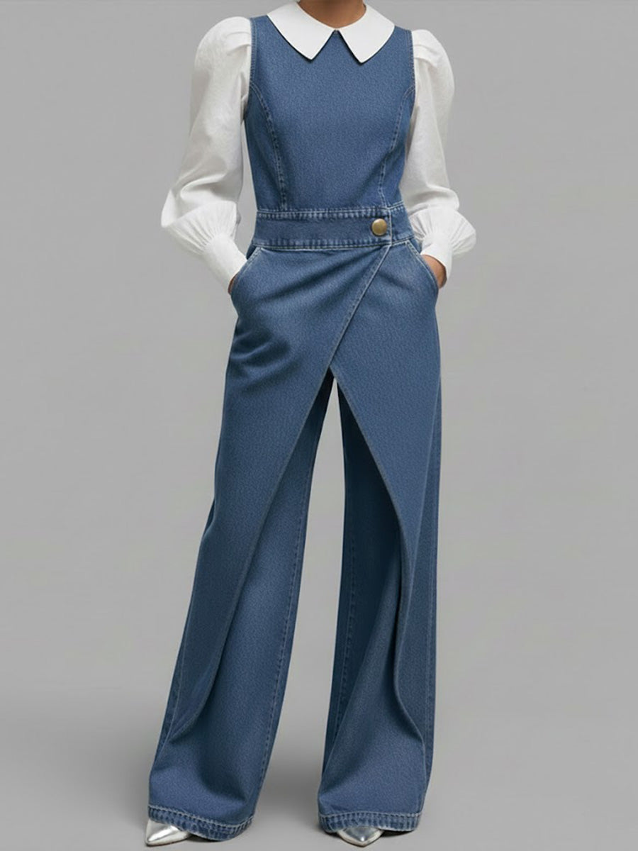 Women's Denim Wide Leg Jumpsuit Sleeveless Romper One Piece Outfit