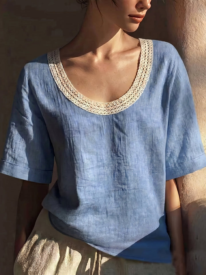 Women's Linen Blouse Lace Short Sleeve Scoop Neck Top