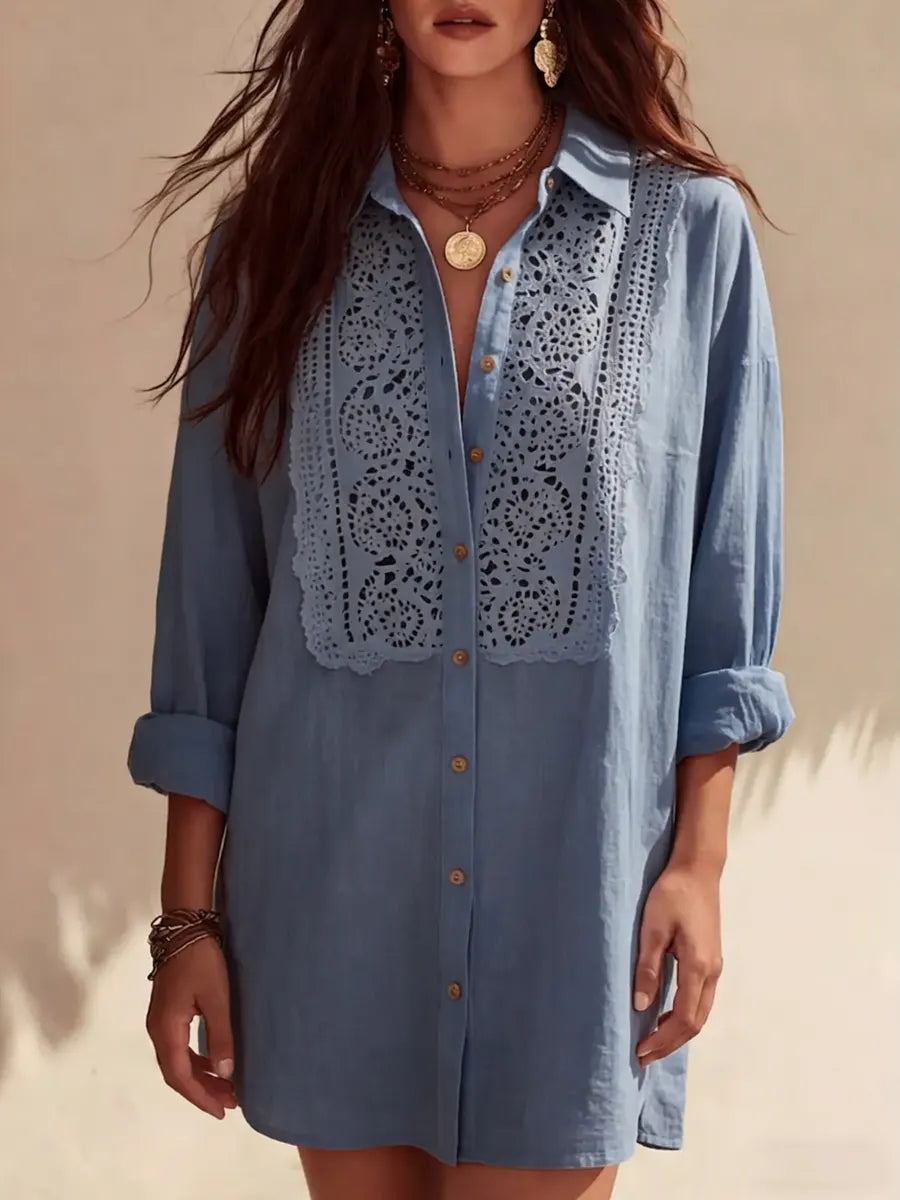 Women's Linen Blend Lace Detail Button Up Shirt Dress
