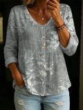 Women's Floral Linen-Blend V-Neck Blouse