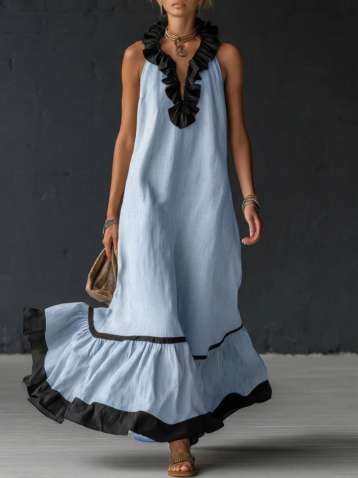 Women's Linen Ruffle Maxi Dress Sleeveless V-Neck Tiered Sundress