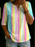 Women's Striped Henley T-Shirt Linen V-Neck 3/4 Sleeve Tee Top