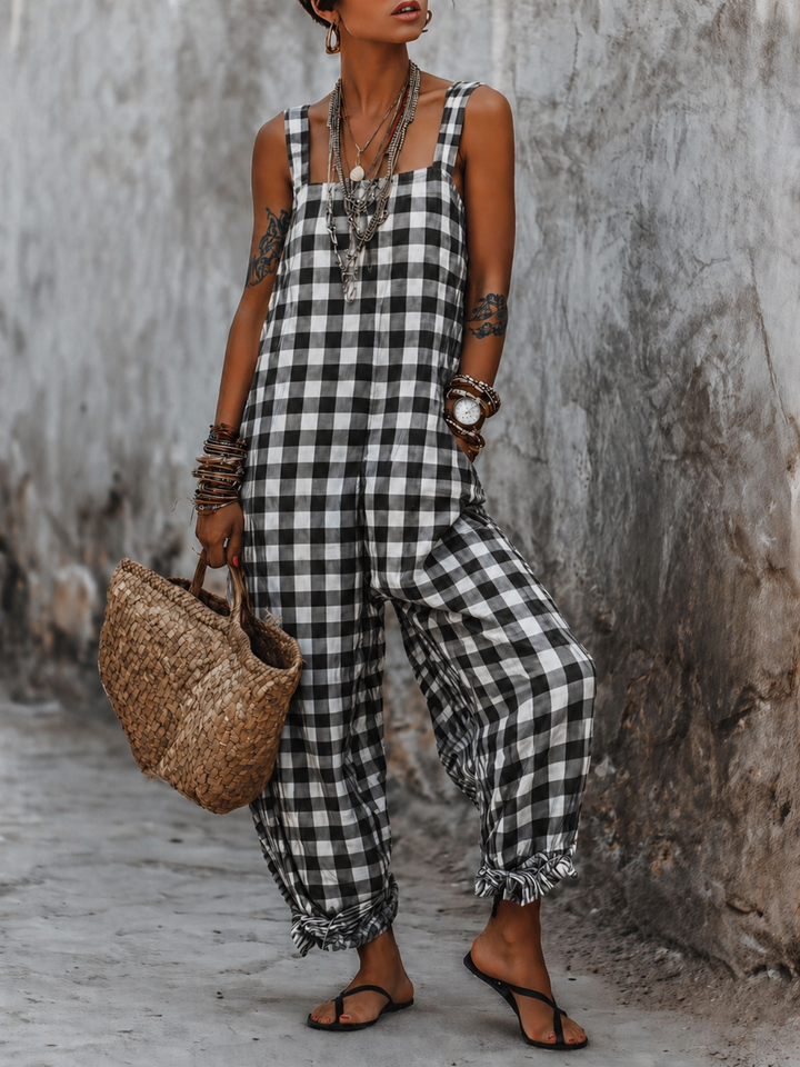 Women’s Linen Blend Gingham Jumpsuit Overalls