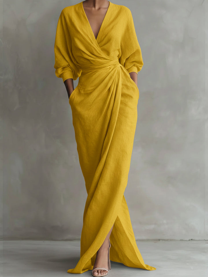Women’s Linen Wrap Maxi Dress V Neck Elegant Drape Evening Gown