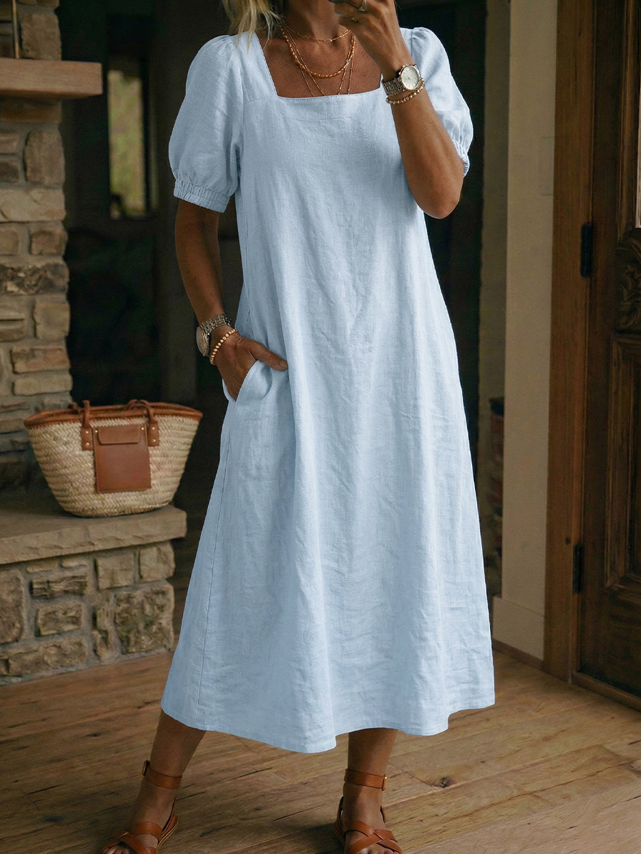 Linen Square Neck Puff Sleeve Midi Dress for Women