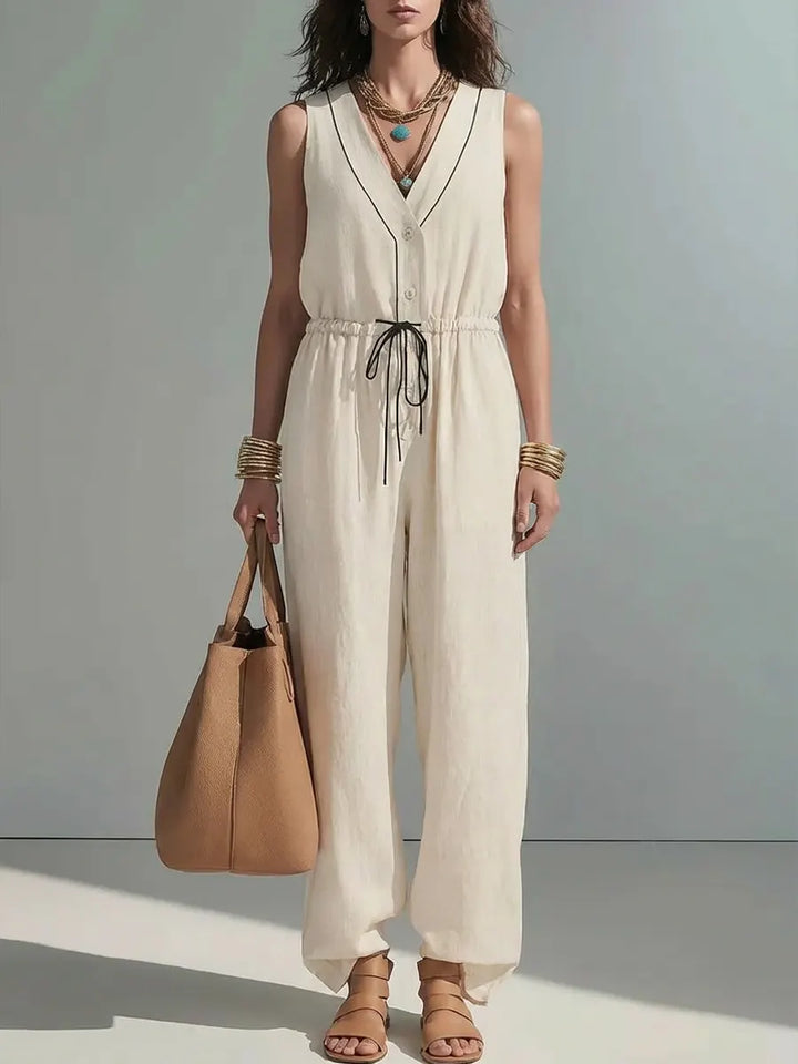 Linen Sleeveless V-Neck Jumpsuit for Women