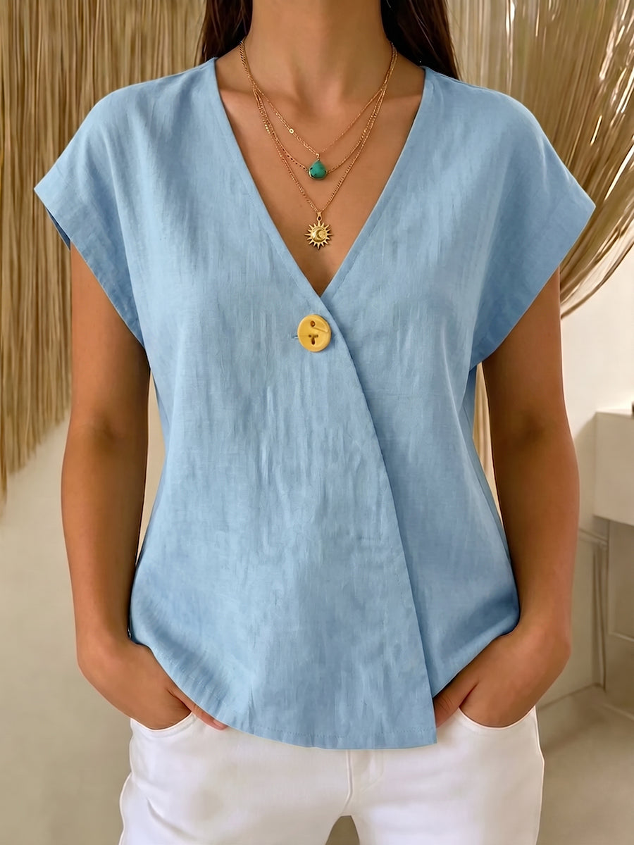 Women's V-Neck Linen Blouse Short Sleeve Wrap Top