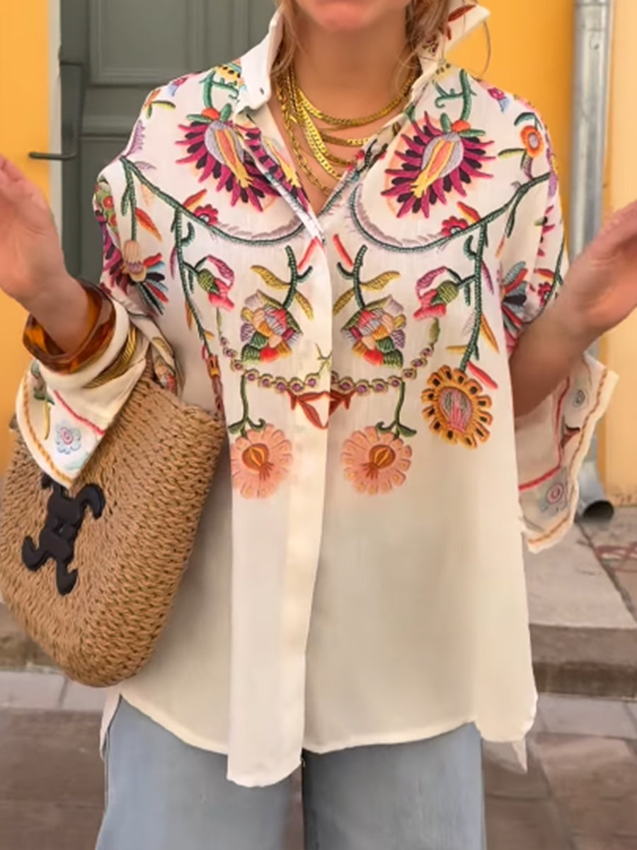 Women's Embroidered Linen Shirt Long Sleeve Button Down Blouse