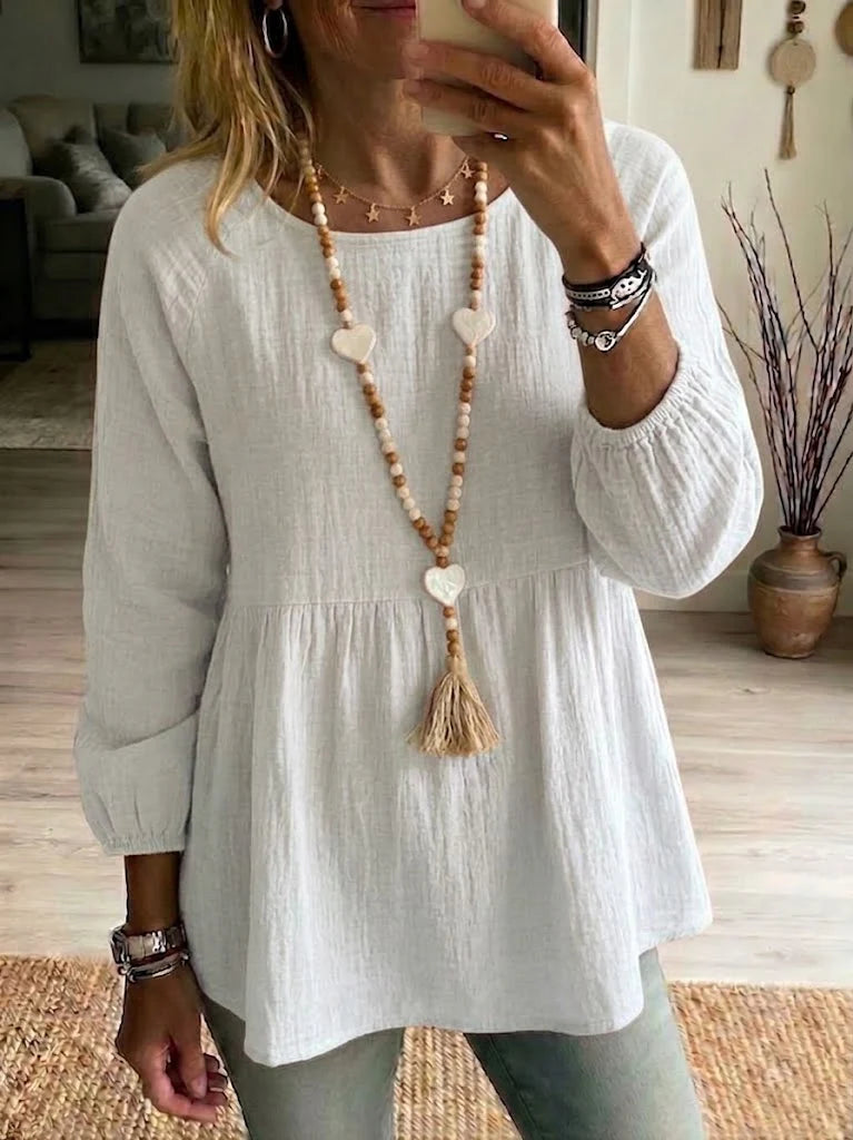 Women's Loose Fit Round Collar Long Sleeve Linen Shirt