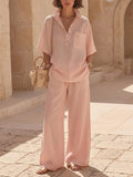 Women's Linen Lounge Set Short Sleeve Shirt and Wide Leg Trousers