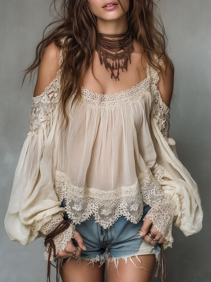 Women's Boho Off-Shoulder Linen Blouse Flowy Lantern Sleeve Top