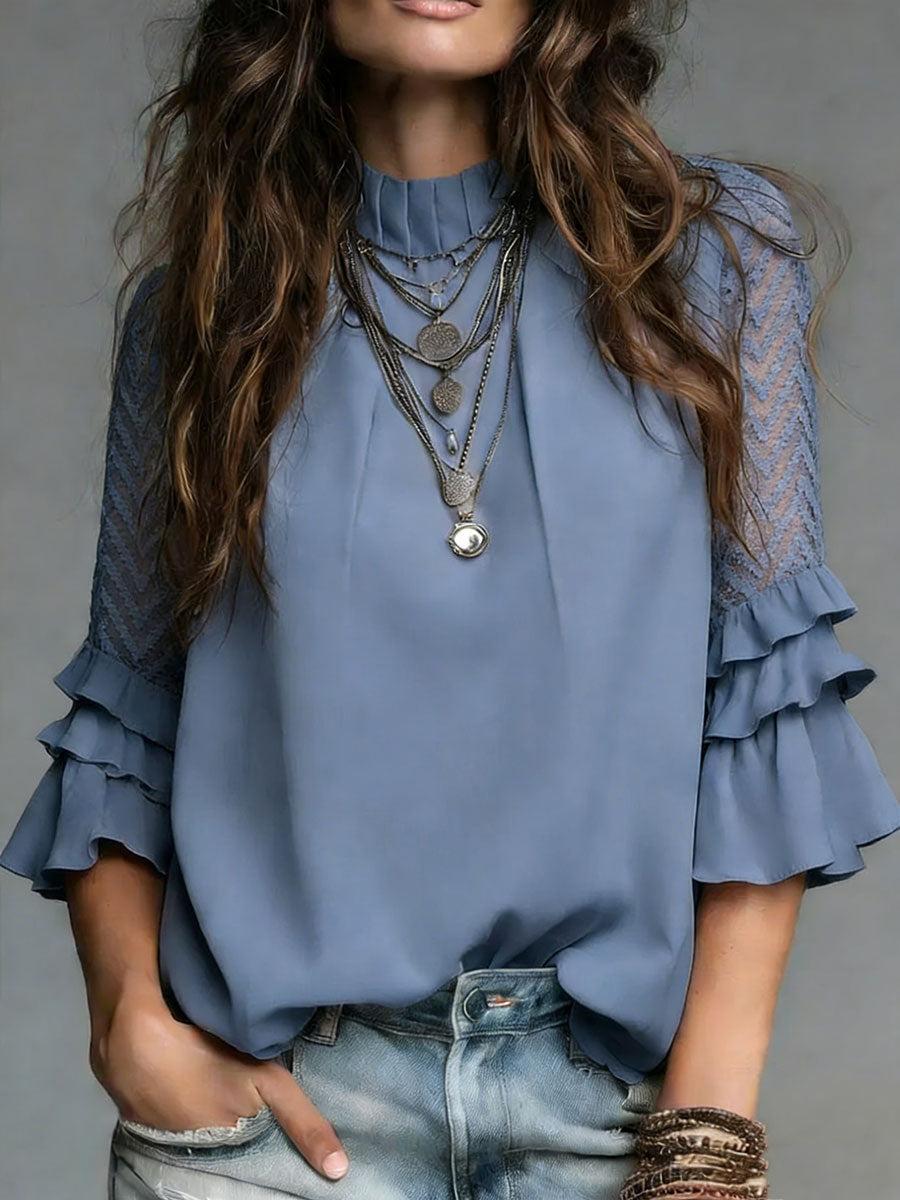 Women's Linen Blend Stand Collar Half-Sleeve Blouse