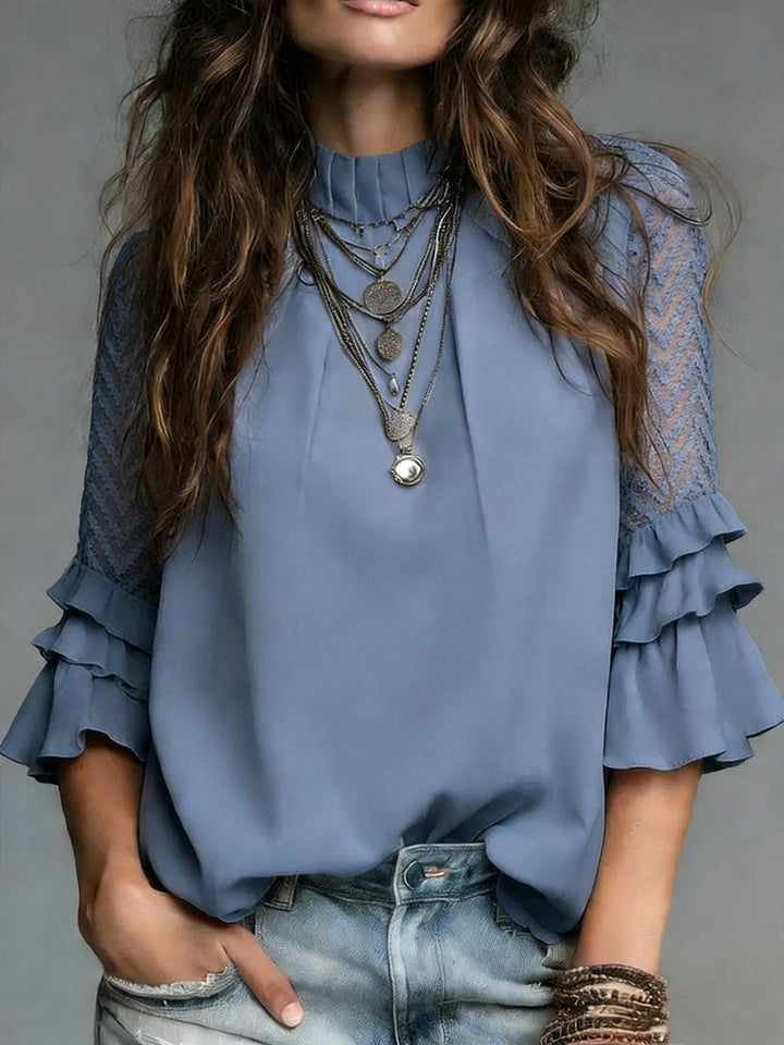 Women's Linen Blend Stand Collar Half-Sleeve Blouse