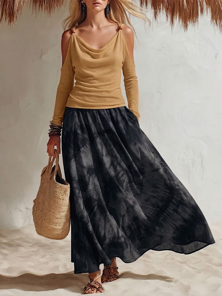 Women's Linen Cold Shoulder Long Sleeve Top and Tie Dye Maxi Skirt Two Piece Set
