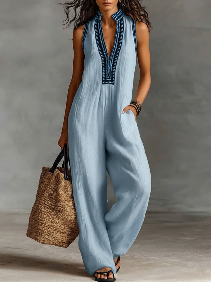 Women’s Linen Jumpsuit V-Neck Sleeveless Wide Leg Romper