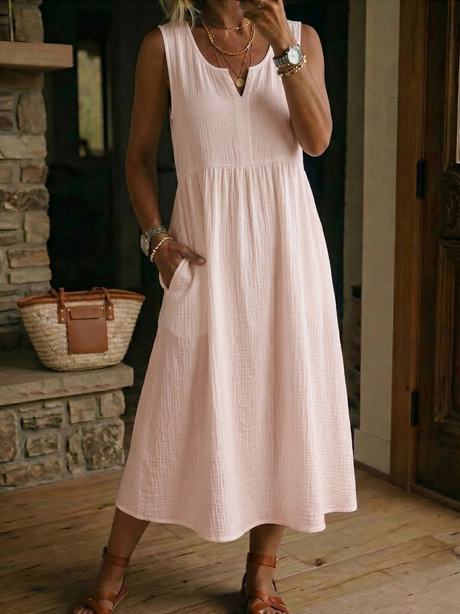 Women's Linen Sleeveless V-Neck Midi A-Line Sun Dress