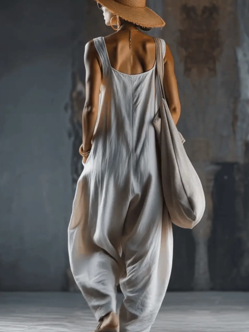 Women's Linen Jumpsuit Loose Fit Sleeveless Harem Dungarees Play-suit
