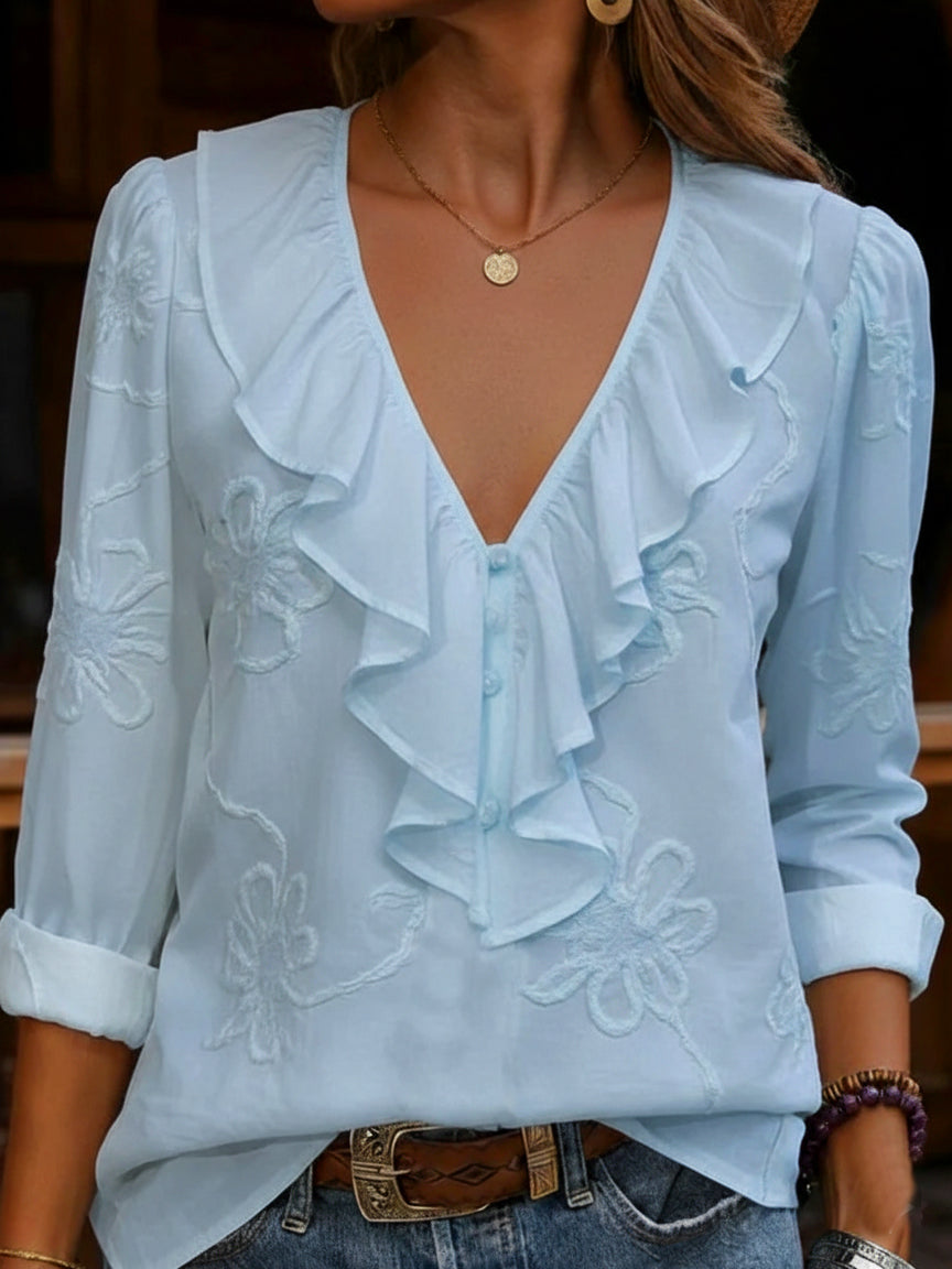 Women's Linen Ruffle V Neck Blouse
