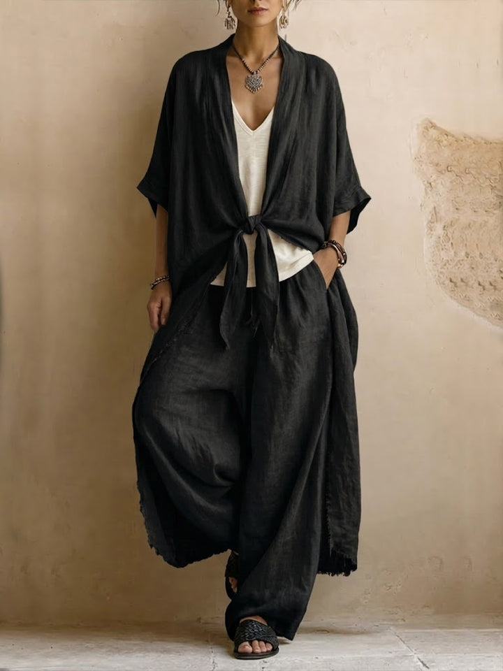 Women’s Linen Two Piece Set Wide Leg Trousers and Tie Front Kimono Top