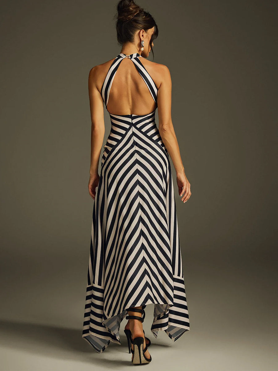 Womens Halter Striped Backless Linen Maxi Dress