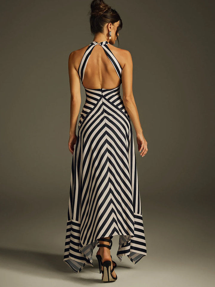 Womens Halter Striped Backless Linen Maxi Dress