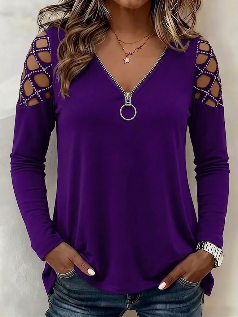 Blouse à manches longues pour femme en maille, col en V avec fermeture éclair, pull-over