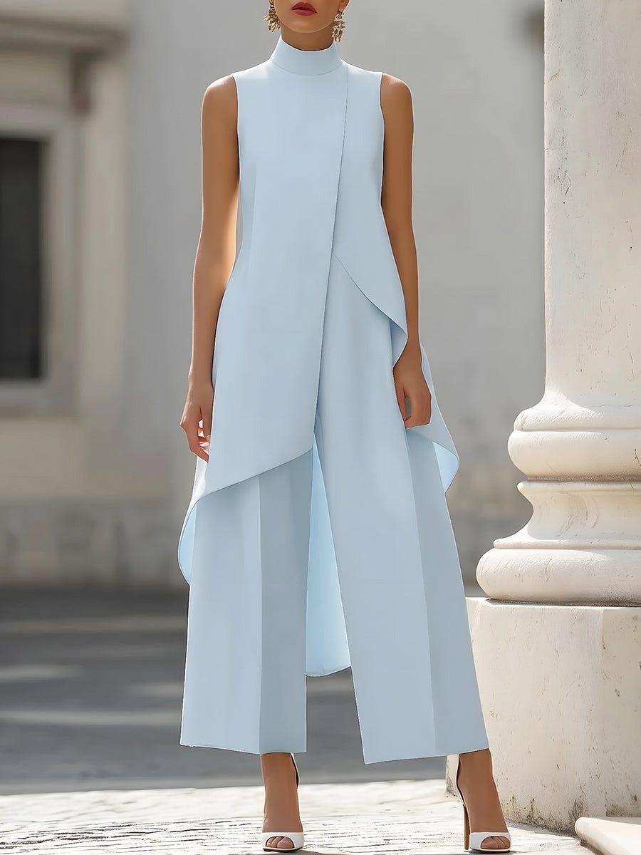 Women's Sleeveless Linen High Neck Asymmetric Top and Wide Leg Trousers Set