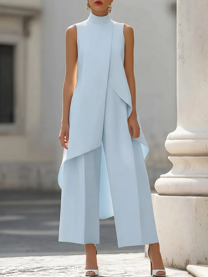 Women's Sleeveless Linen High Neck Asymmetric Top and Wide Leg Trousers Set