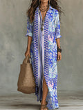Women's Linen Printed Kaftan Casual Shirt Maxi Dress