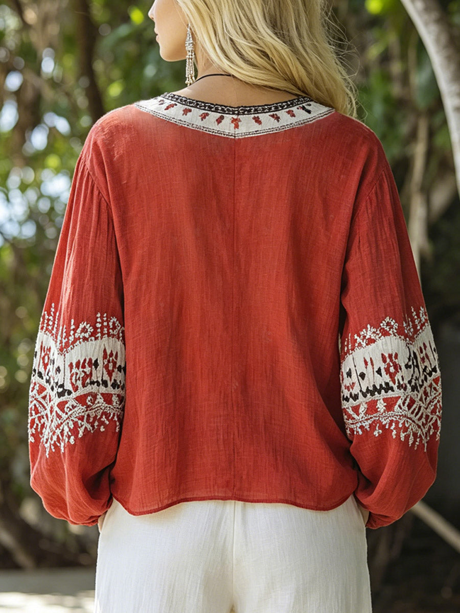 Women's Ethnic Print Long Sleeve V-Neck Linen Blouse