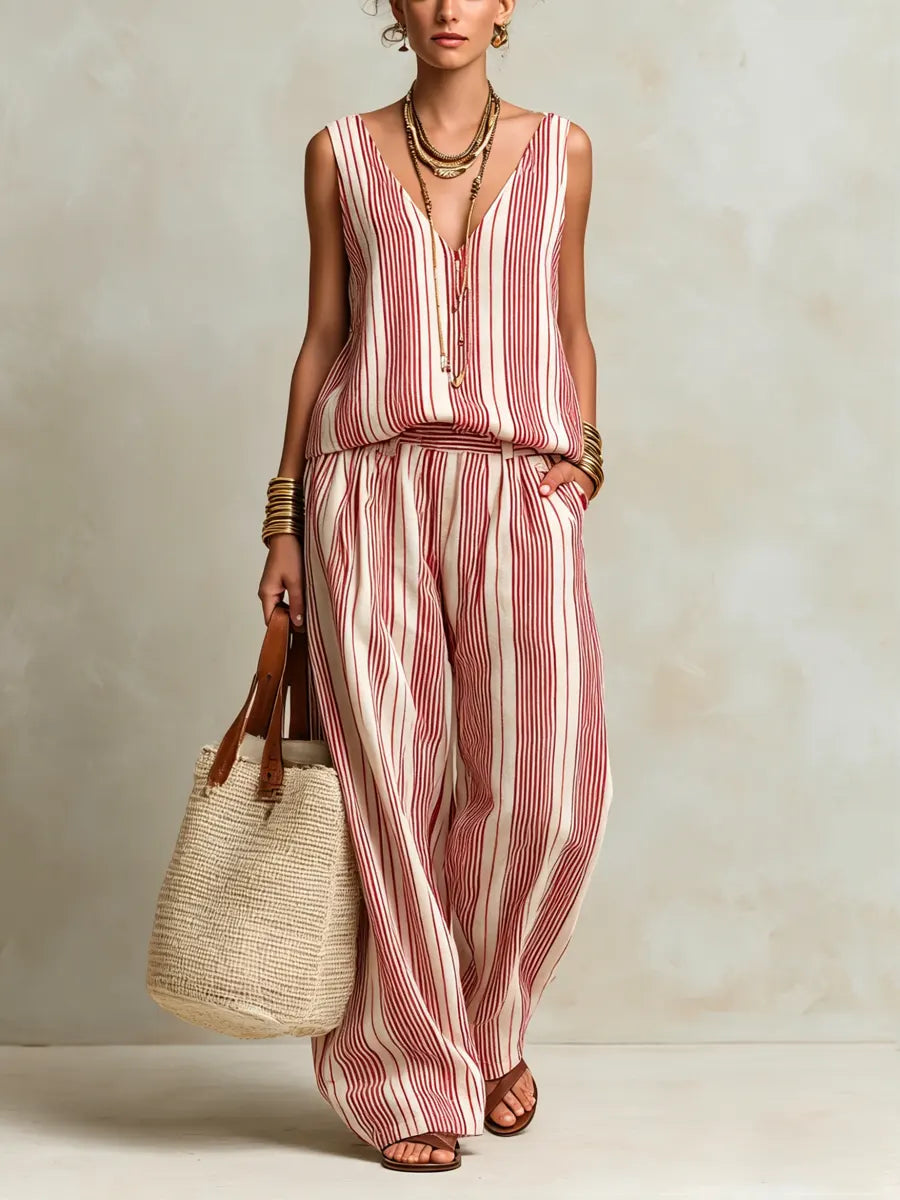 Women's Striped Linen V-Neck Sleeveless Top and Wide Leg Trousers Set
