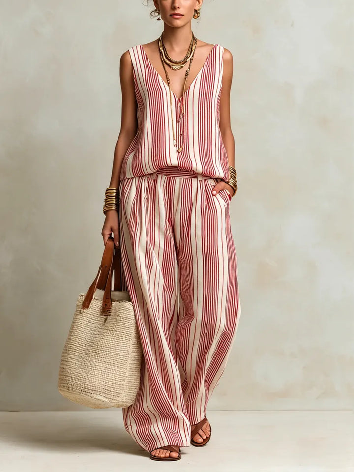 Women's Striped Linen V-Neck Sleeveless Top and Wide Leg Trousers Set