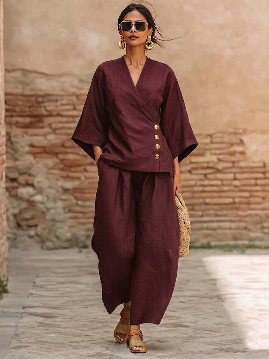 Women's Linen Two Piece V Neck Top and Wide Leg Trousers Set