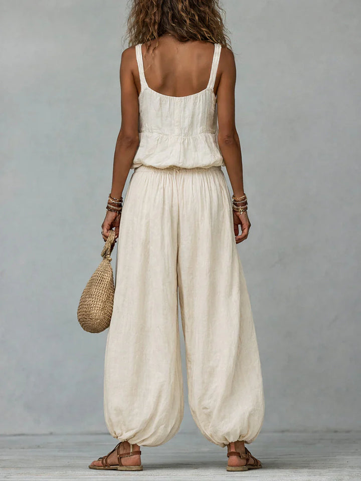 Women's Linen Boho Two Piece Set Sleeveless Top and Harem Pants Set