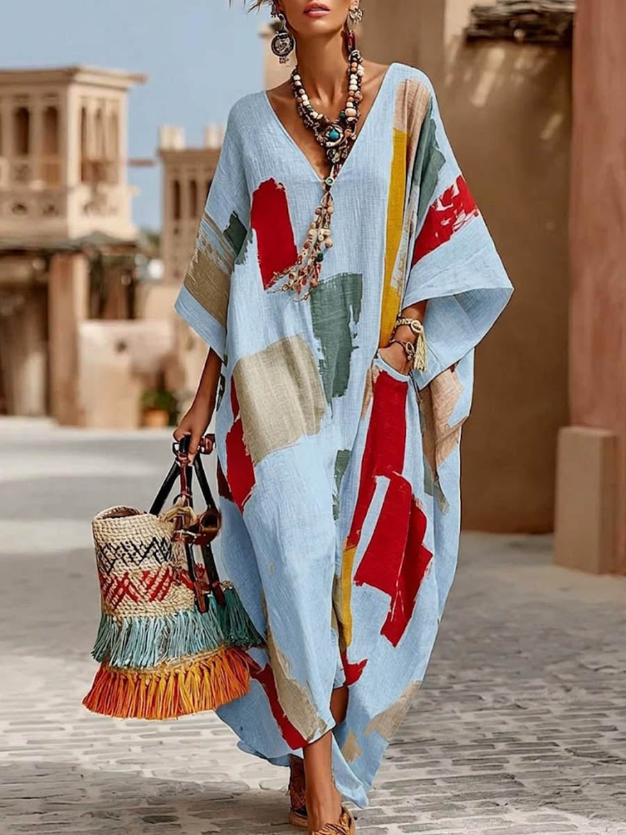 Women's Linen Kaftan V-Neck Oversized Maxi Dress
